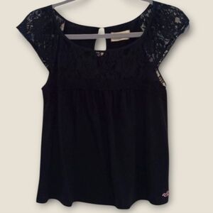 Hollister Women's Small Floral Lace Short Sleeve Top Navy Blue Y2K Vintage